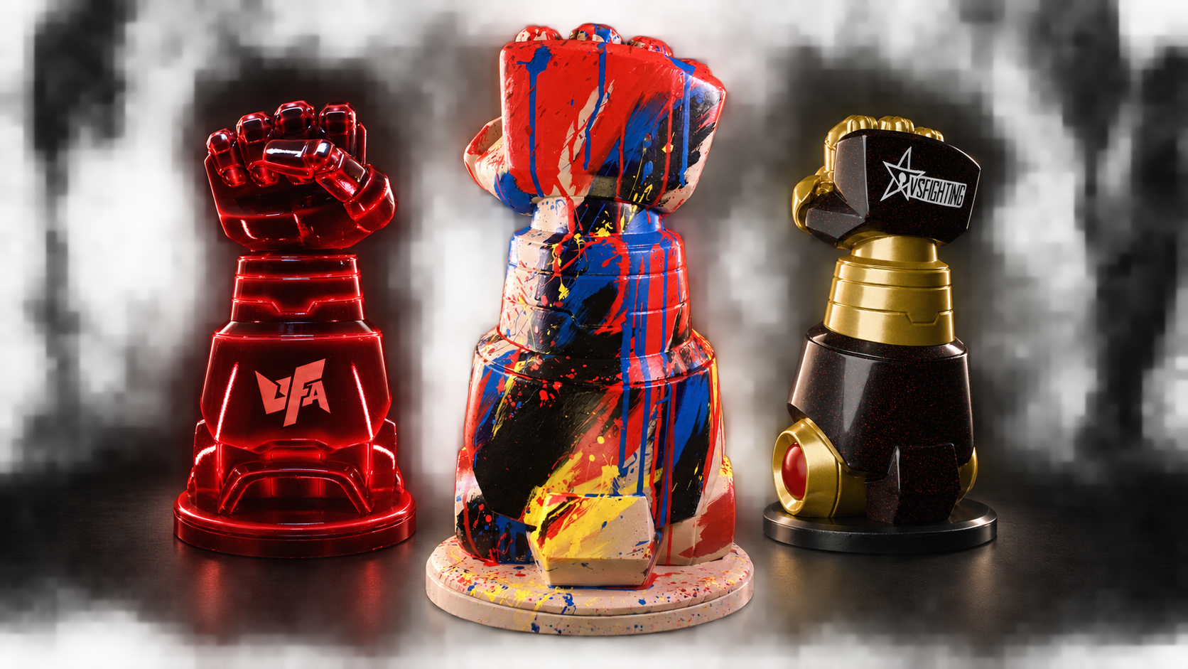 Three Conquest’s Gauntlet trophies: translucent red, multicolor painted, and black and gold.
