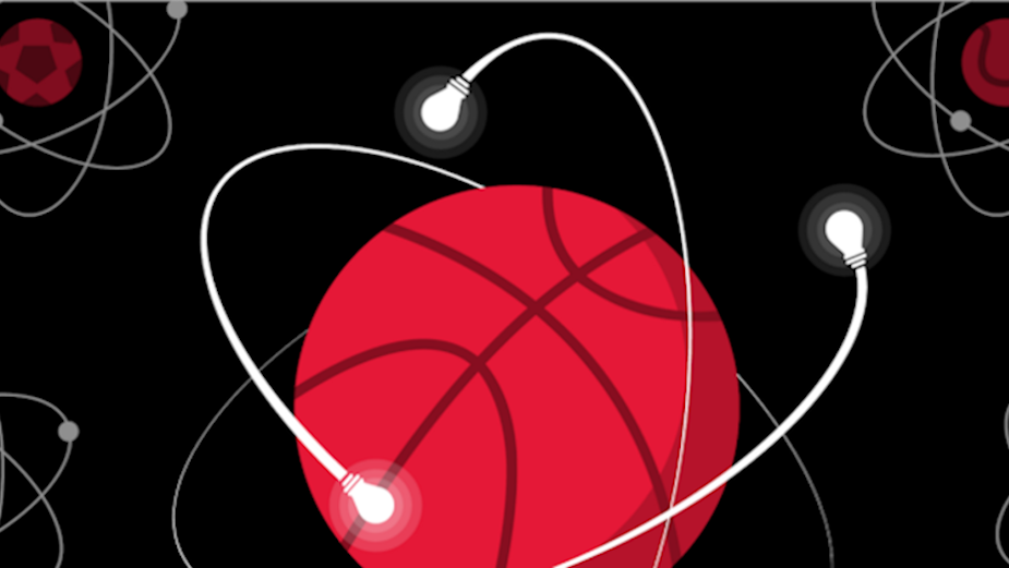 Red basketball surrounded by orbiting lights, from The Next Generation of Sports Fans
